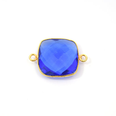 Gold Plated Faceted Hydro (Lab Created) Transparent Cobalt Square Shaped Bezel Connector - Measuring 18mm x 18mm - Sold Individually