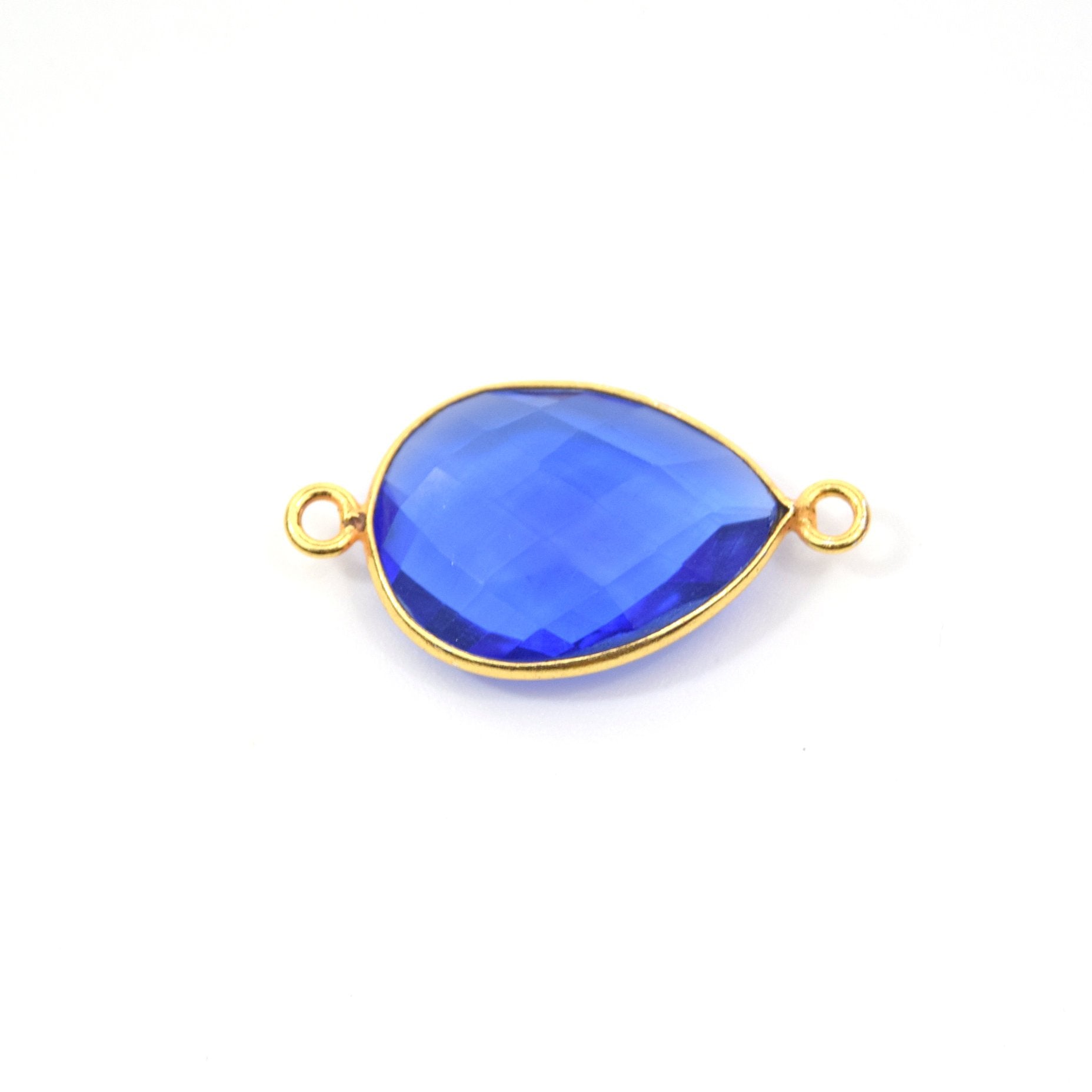Gold Plated Faceted Hydro (Lab Created) Transparent Cobalt Teardrop Shaped Bezel Connector - Measuring 15mm x 20mm - Sold Individually