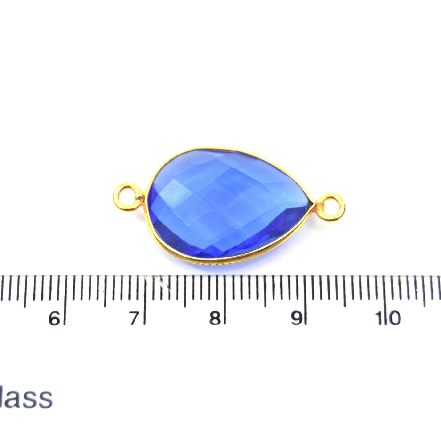 Gold Plated Faceted Hydro (Lab Created) Transparent Cobalt Teardrop Shaped Bezel Connector - Measuring 15mm x 20mm - Sold Individually