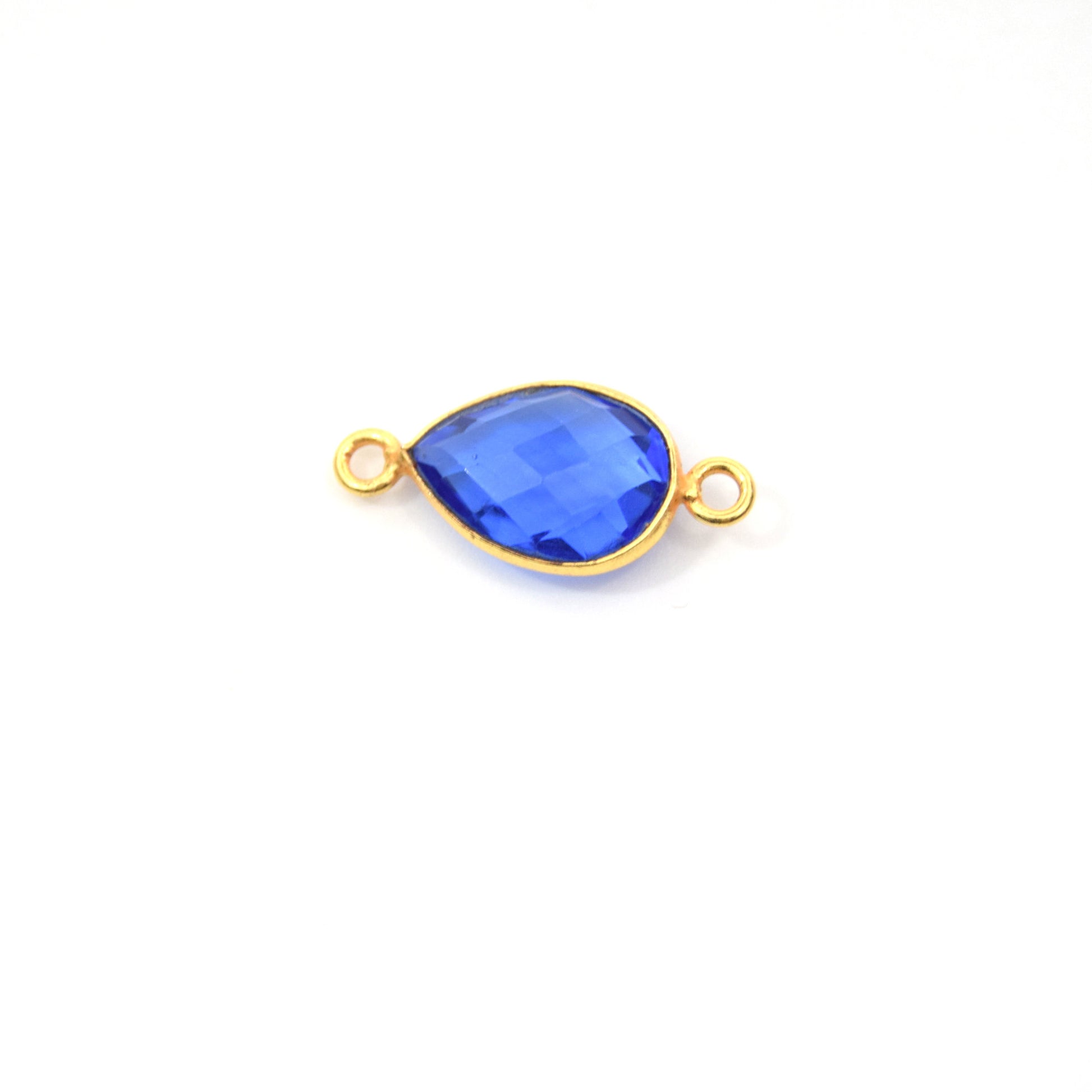 Gold Plated Faceted Hydro (Lab Created) Transparent Cobalt Teardrop Shaped Bezel Connector - Measuring 9mm x 13mm - Sold Individually