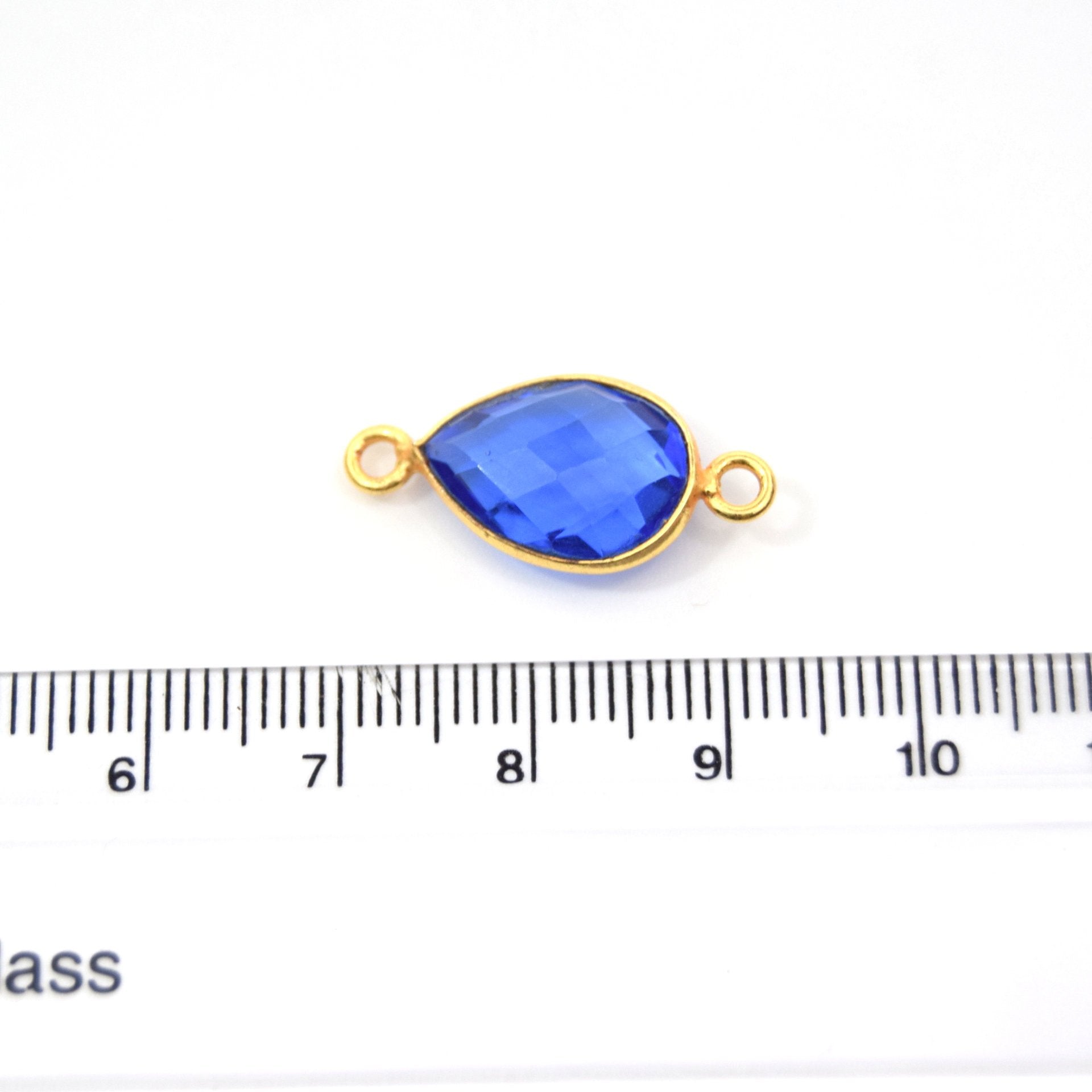 Gold Plated Faceted Hydro (Lab Created) Transparent Cobalt Teardrop Shaped Bezel Connector - Measuring 9mm x 13mm - Sold Individually