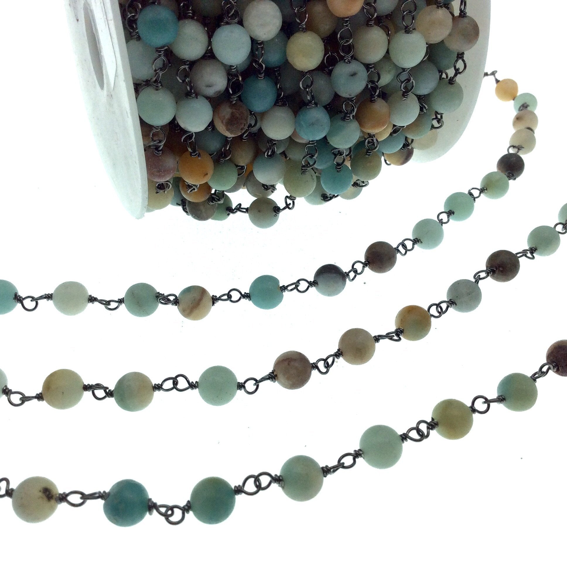 Gunmetal Plated Copper Wrapped Rosary Chain with 6mm Smooth Natural Mixed Amazonite Round Shaped Beads - Sold by the Foot!