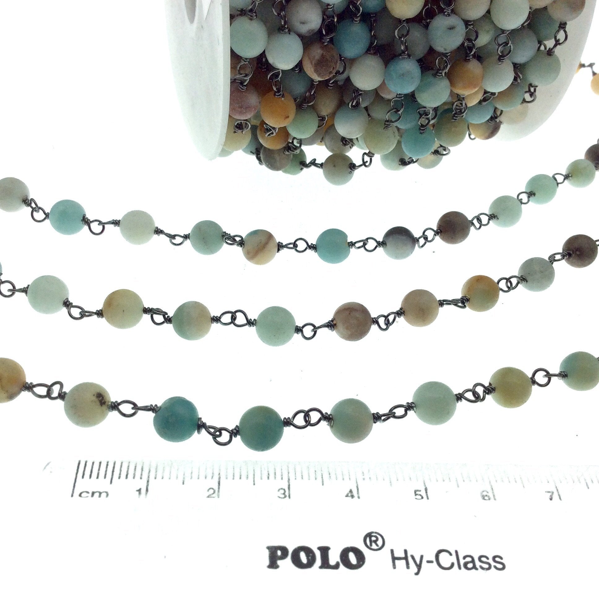 Gunmetal Plated Copper Wrapped Rosary Chain with 6mm Smooth Natural Mixed Amazonite Round Shaped Beads - Sold by the Foot!