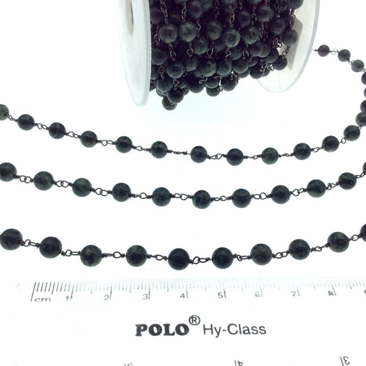 Gunmetal Plated Copper Wrapped Rosary Chain with 6mm Smooth Kambaba Jasper Round Shaped Beads - Sold by the foot! (CH319-GM)