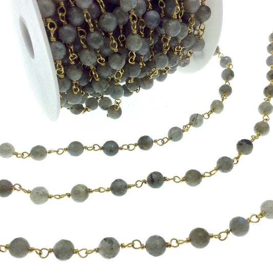 Gold Plated Copper Wrapped Rosary Chain with 6mm Faceted Natural Iridescent Labradorite Round Shaped Beads - Sold by the foot! (CH317-GD)