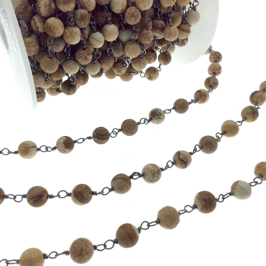 Gunmetal Plated Copper Wrapped Rosary Chain with 8mm Smooth Natural Picture Jasper Round Shaped Beads - Sold by the Foot! (CH410-GM)!