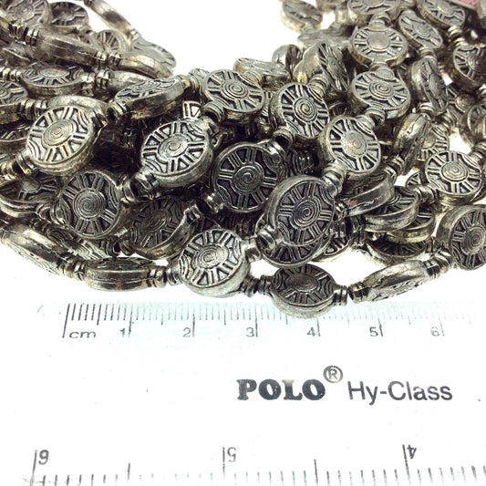 Silver Finish Flat Round Wheel/Spoke/Spinner Shaped Pewter Beads - 8" Strand (Approx. 14 Beads) -  ~ 10mm x 15mm, Approx. - 2mm Hole Size