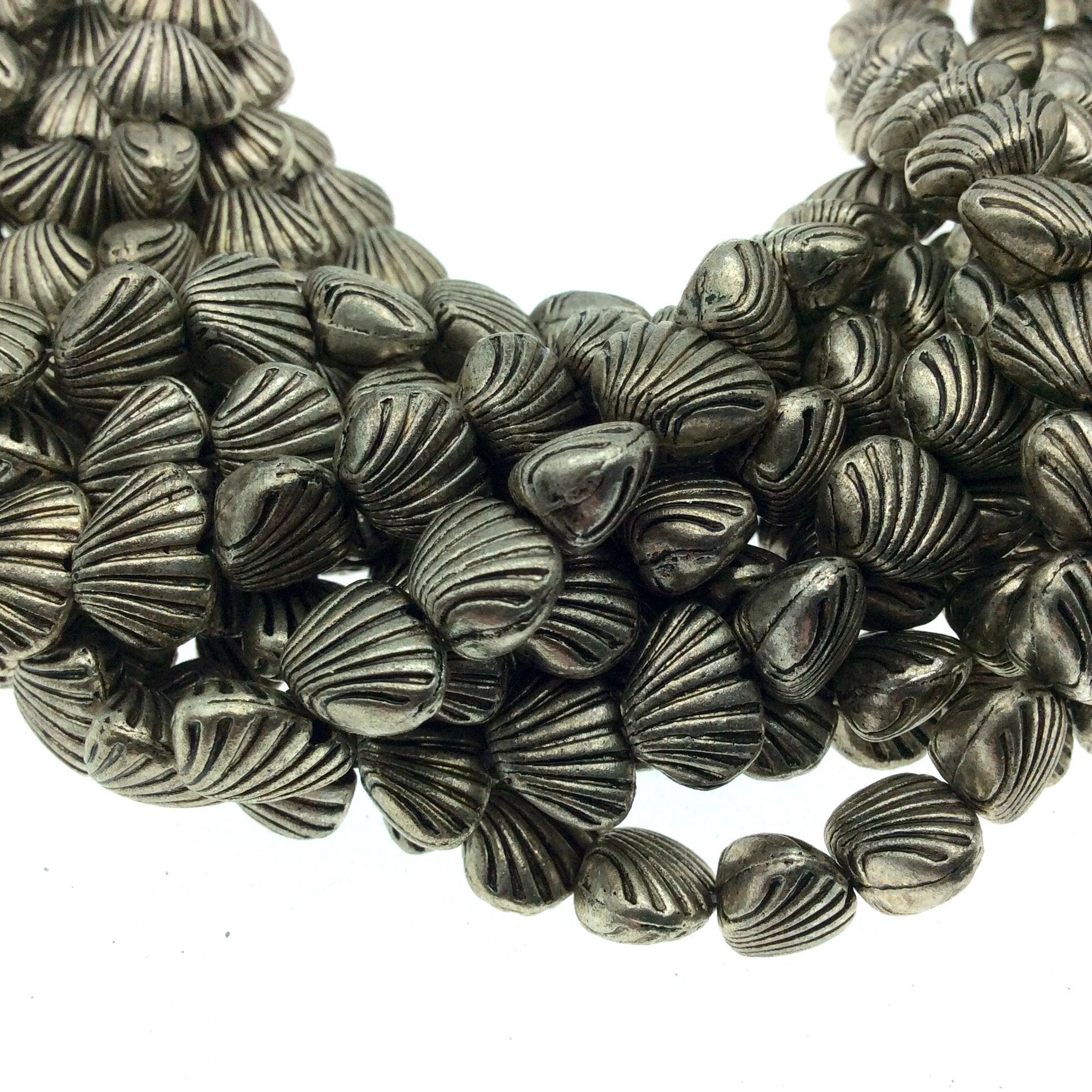 Silver Finish Puffed Sea Shell Shaped Pewter Beads - 8" Strand (Approx. 28 Beads) - Measuring 7mm x 10mm, Approx. - 2mm Hole Size