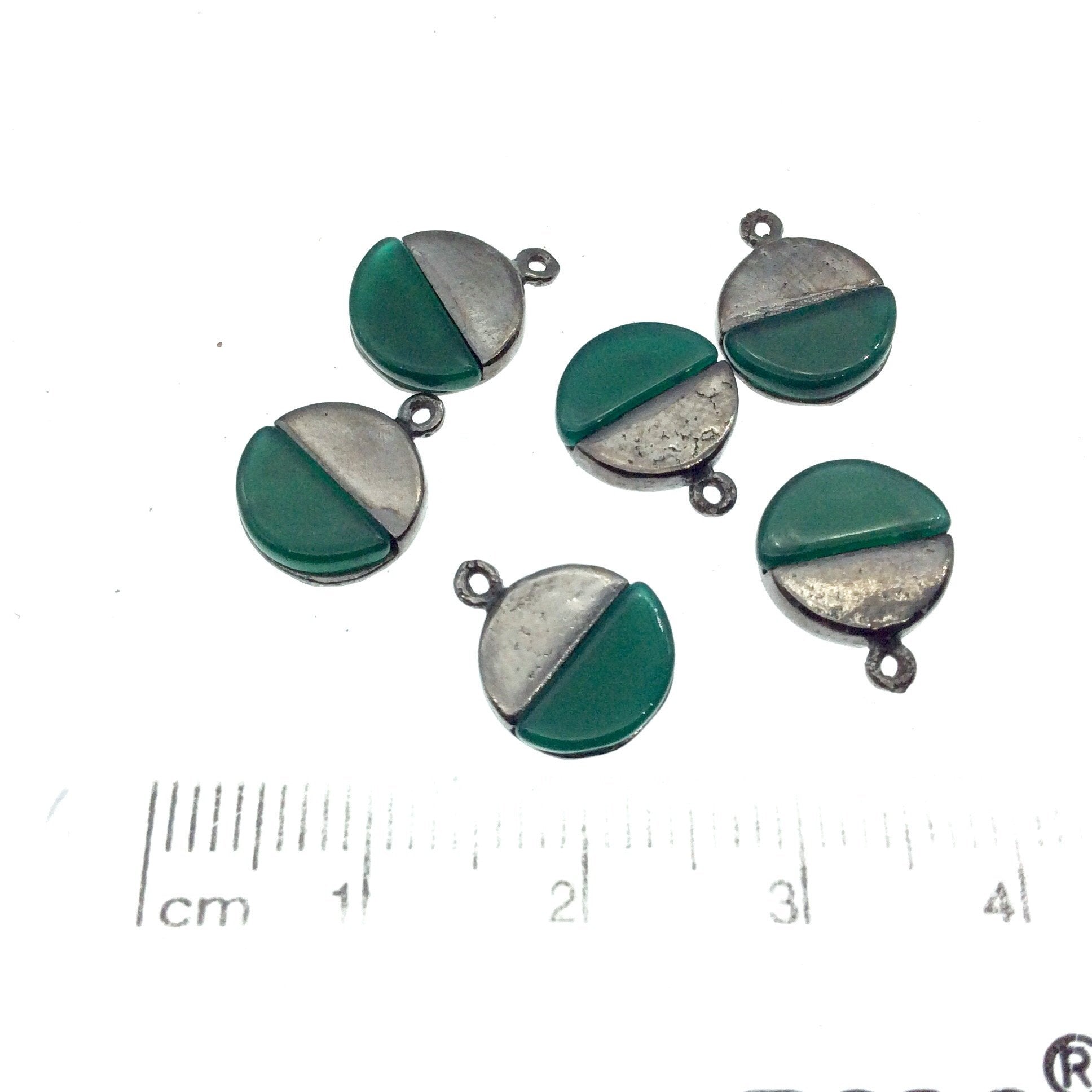 Tiny Gunmetal Finish Round/Coin Shaped Semicircle Green Onyx Plated Copper Pendant Component - Measuring 9mm x 9mm  - Sold in Pack of Two