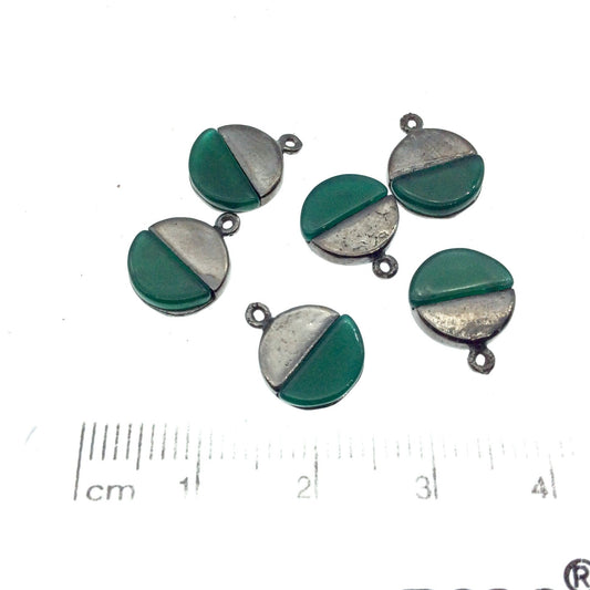Tiny Gunmetal Finish Round/Coin Shaped Semicircle Green Onyx Plated Copper Pendant Component - Measuring 9mm x 9mm  - Sold in Pack of Two