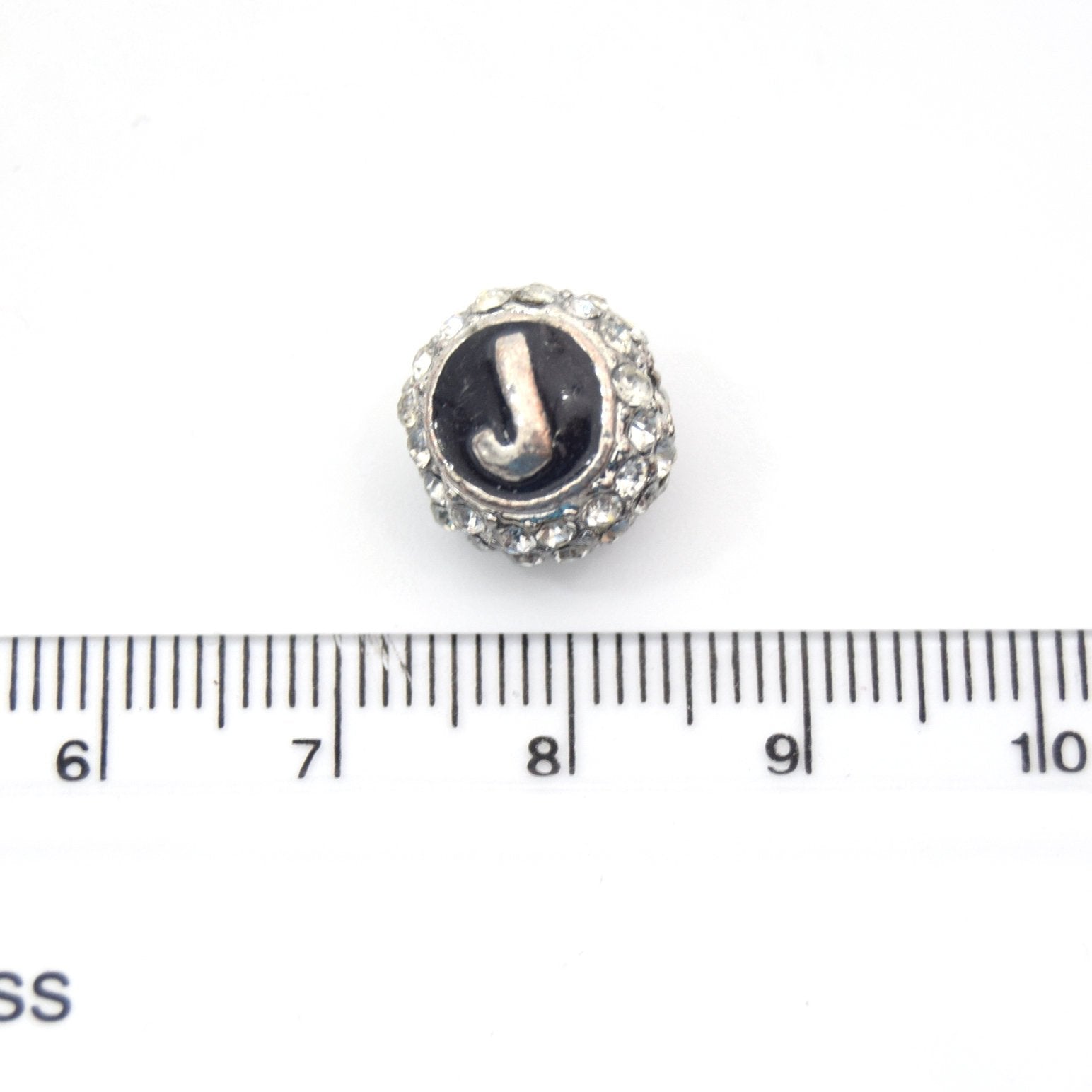 Clearance!! Silver 11mm Double-sided Letter "J" Rhinestone Banded Round/Ball Shaped Bead