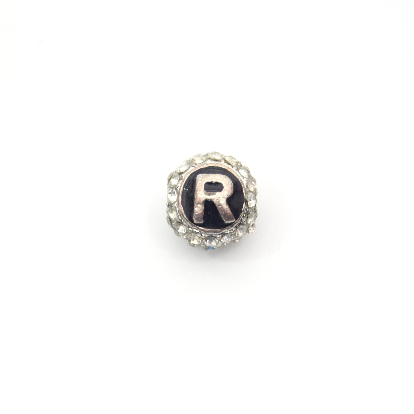 Clearance!! Silver 11mm Double-sided Letter "R" Rhinestone Banded  Round/Ball Shaped Bead