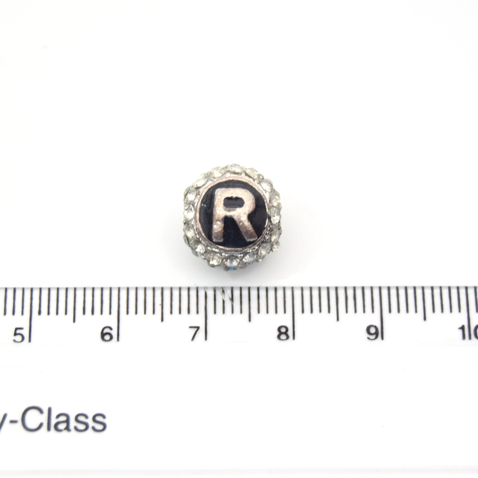 Clearance!! Silver 11mm Double-sided Letter "R" Rhinestone Banded  Round/Ball Shaped Bead
