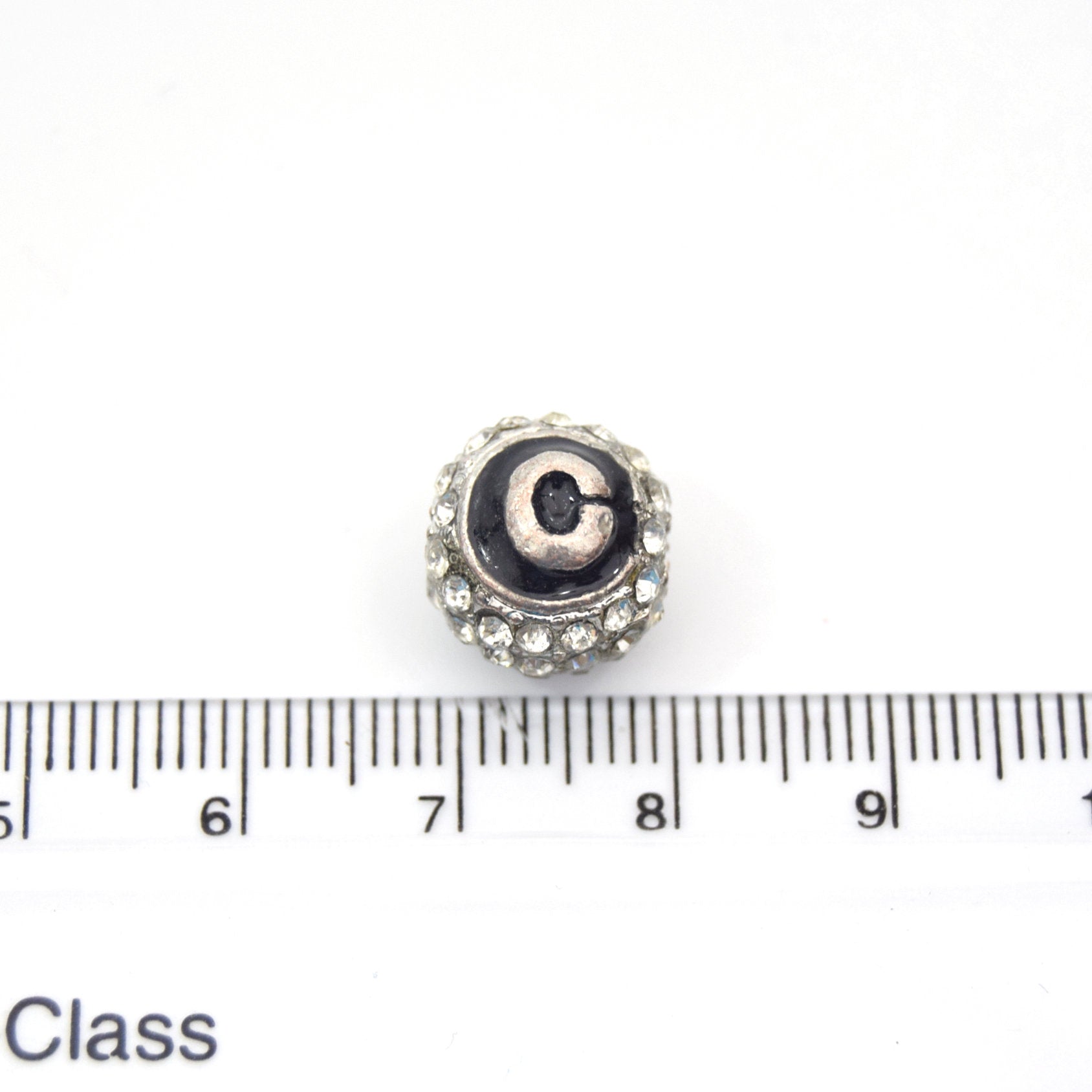 Clearance!! Silver 11mm Double-sided Letter "C"  Rhinestone Banded  Round/Ball Shaped Bead