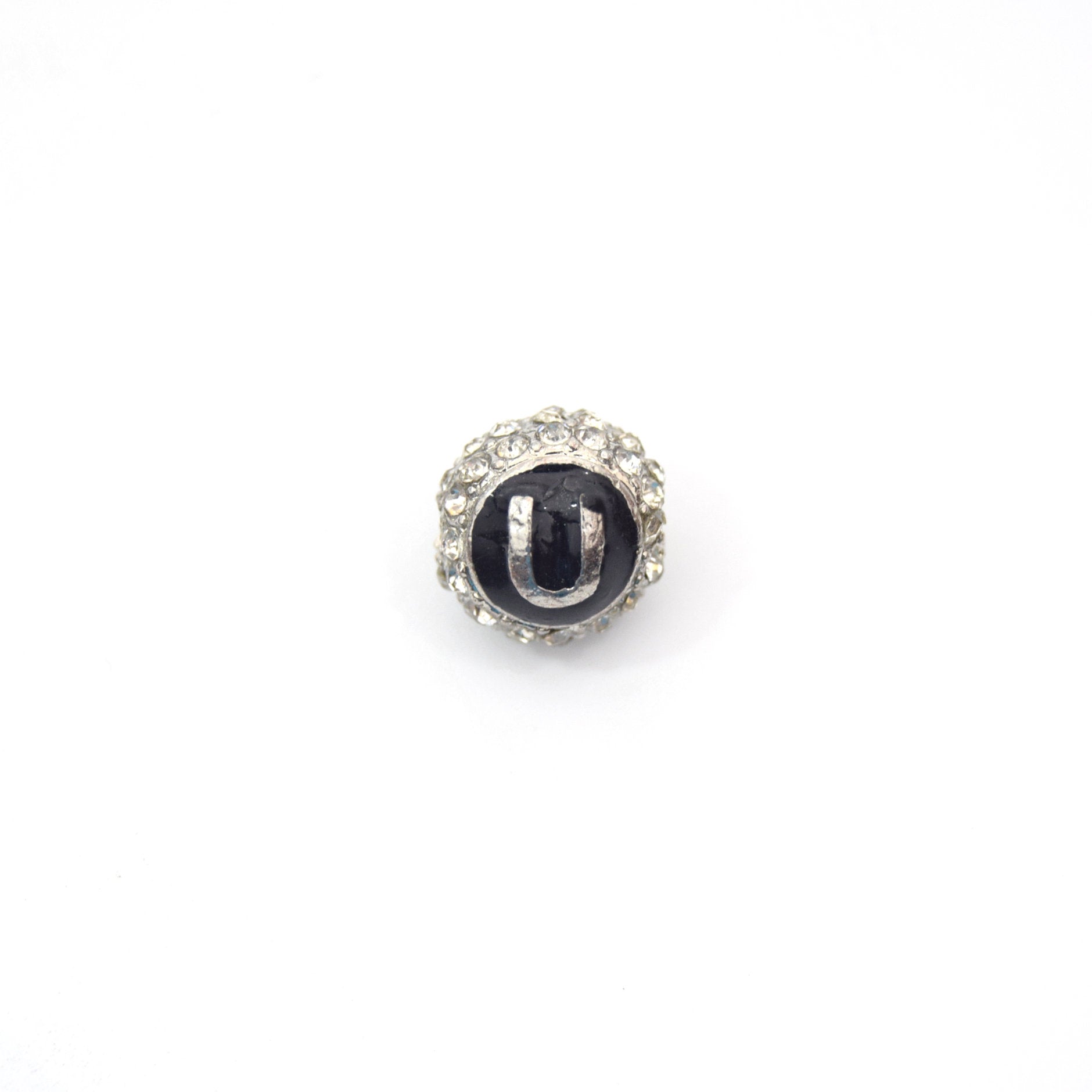 Clearance!! Silver 11mm Double-sided Letter "U"  Rhinestone Banded Round/Ball Shaped Bead