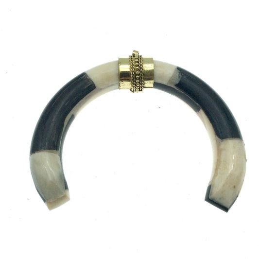3.25" White and Black Double Flat Ended Crescent Shaped Natural Ox Bone Pendant with Fancy Gold Bail - Approx.  83mm x 75mm