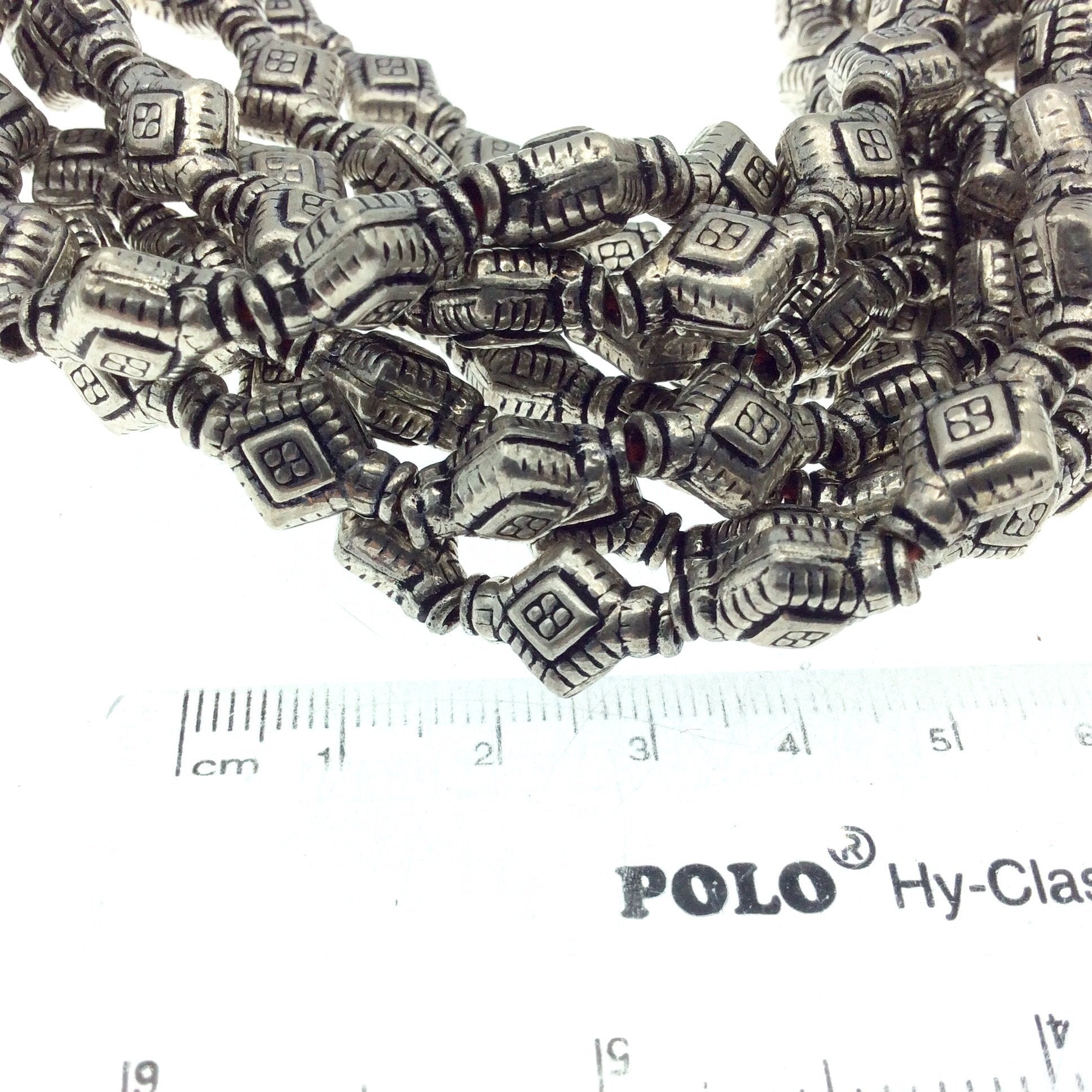 Silver Finish Rimmed Patterned Diamond Shaped Pewter Beads - 8" Strand (Approx. 14 Beads) - Measuring 10mm x 13mm, Approx. - 2mm Hole Size