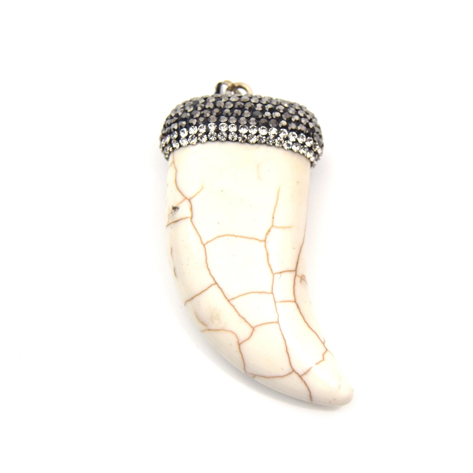 Rhinestone Encrusted Tusk/Claw Shaped White/Brown Howlite Pendant with Attached Bail - Measuring 27mm x 50mm, Approx. - Sold Individually