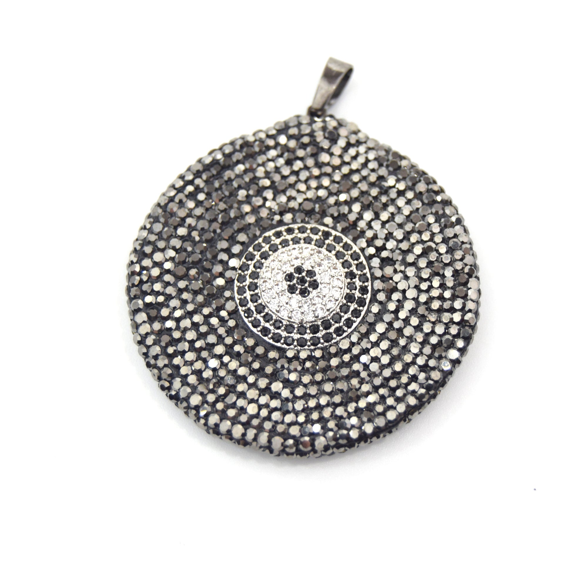 Rhinestone Encrusted Silver Coin/Disc Shaped Pendant with Natural White Shell Inlay on Reverse - Measuring 43mm x 43mm - Sold Individually