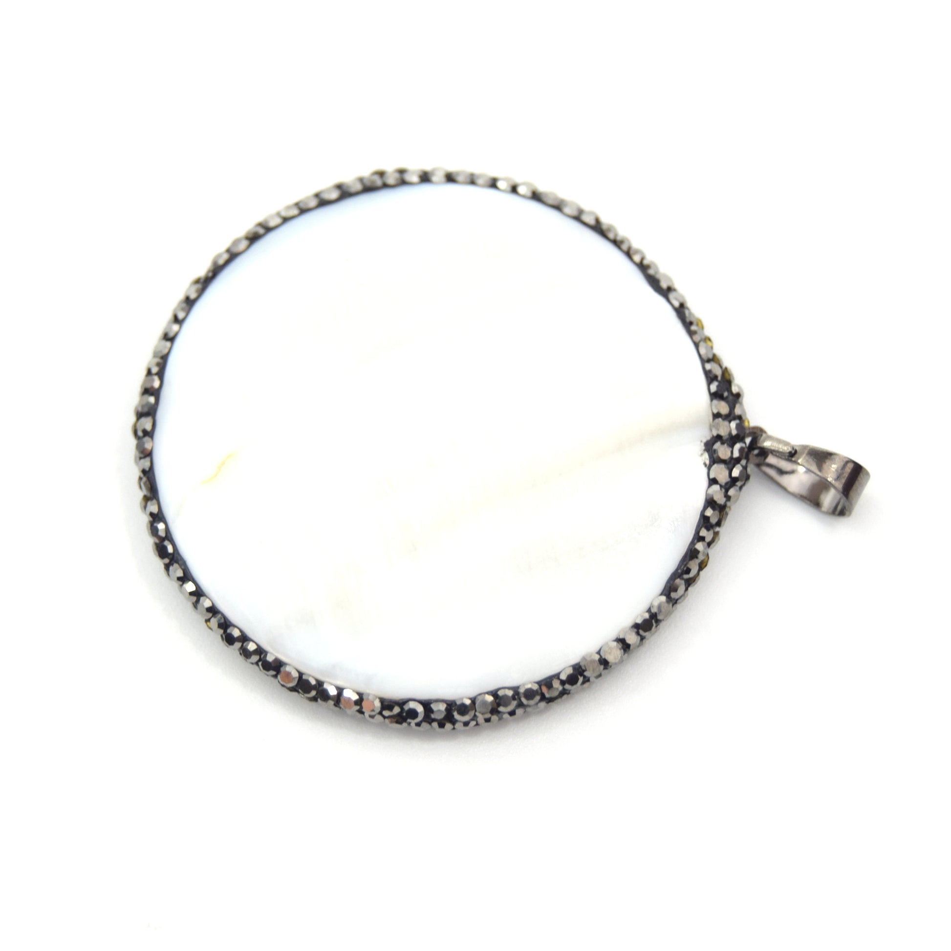Rhinestone Encrusted Silver Coin/Disc Shaped Pendant with Natural White Shell Inlay on Reverse - Measuring 43mm x 43mm - Sold Individually
