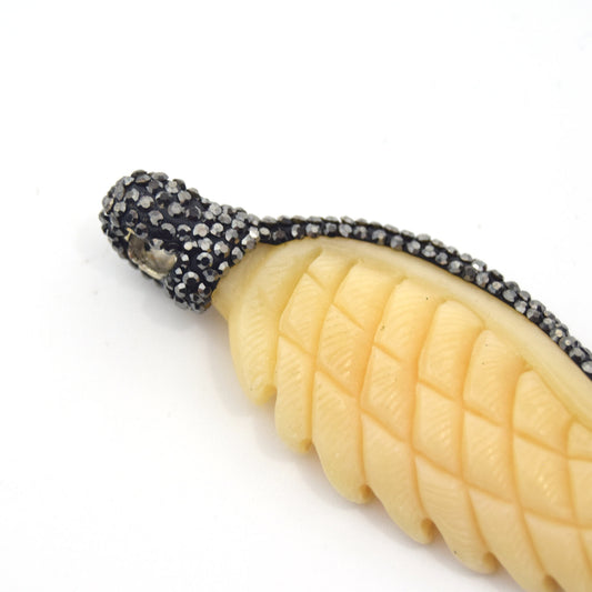 Rhinestone Encrusted Carved Wing/Feather Shaped Beige Colored Bone Pendant - Measuring 27mm x 75mm, Approx. - Sold Individually