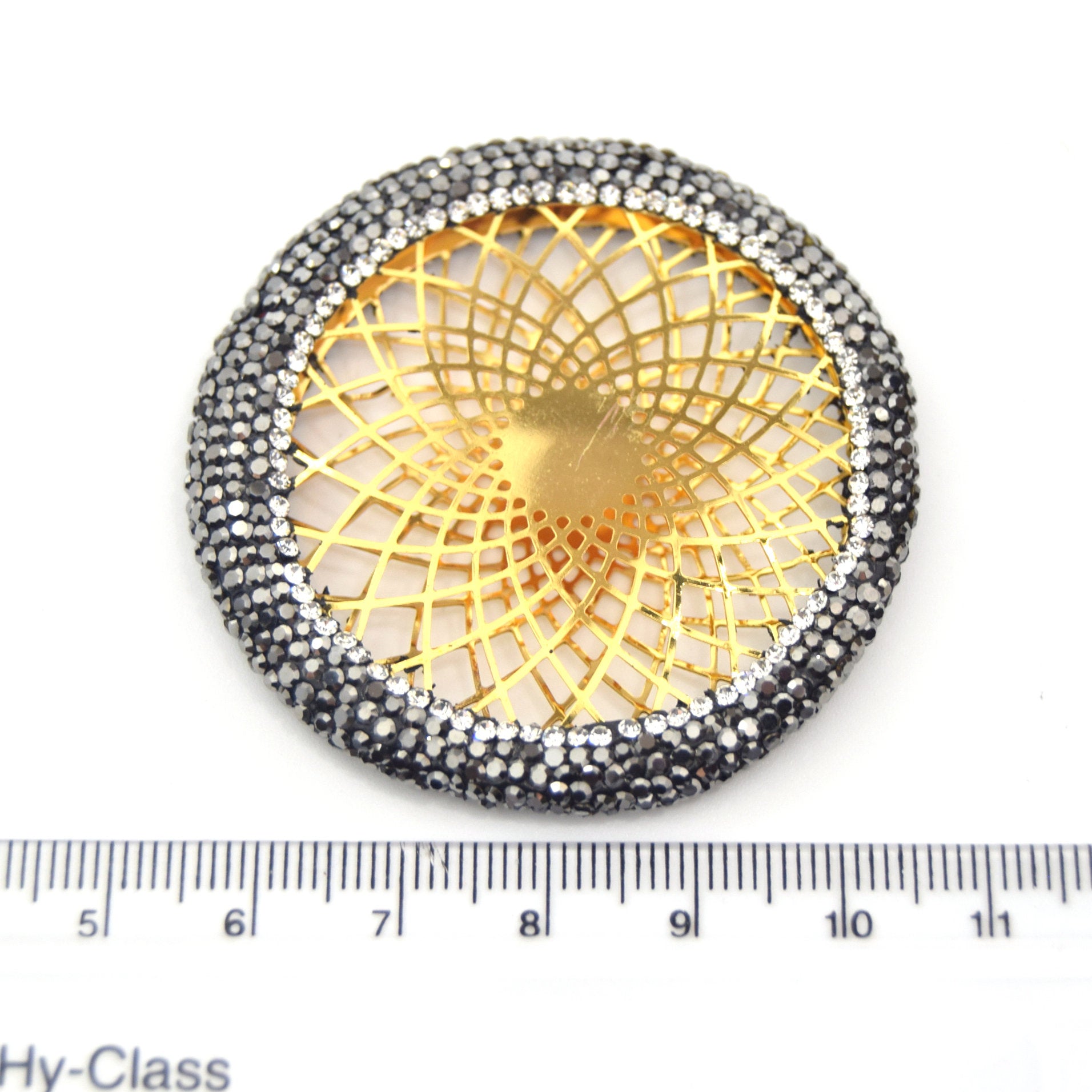 Pave Rhinestone Encrusted Gold Plated Round Ring Pendant with Gold Central Geometric Metalwork - Measuring 50mm x 50mm  - Sold Individually