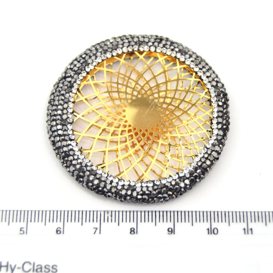 Pave Rhinestone Encrusted Gold Plated Round Ring Pendant with Gold Central Geometric Metalwork - Measuring 50mm x 50mm  - Sold Individually