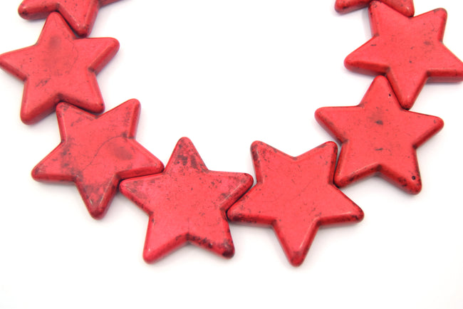 42mm Bright Red Veined Howlite Star Shaped Beads with 1mm Holes - (Approx. 16.5" Strand ~ 12 Beads)
