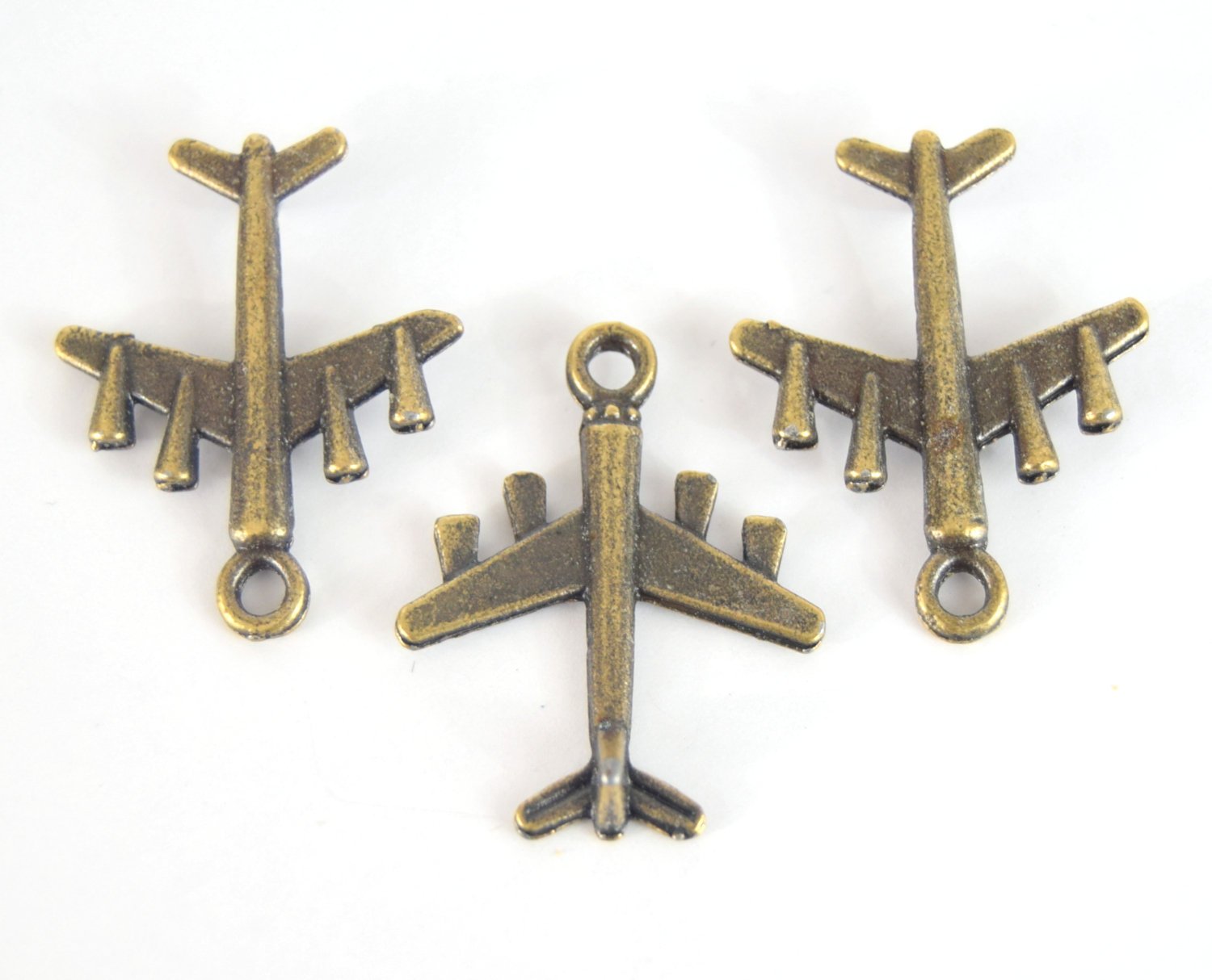 Antique Brass Plated Copper Vintage Airplane Pendant with One Ring- Measuring 22mm x 27mm - Sold Individually, Chosen at Random