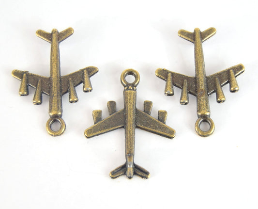 Antique Brass Plated Copper Vintage Airplane Pendant with One Ring- Measuring 22mm x 27mm - Sold Individually, Chosen at Random