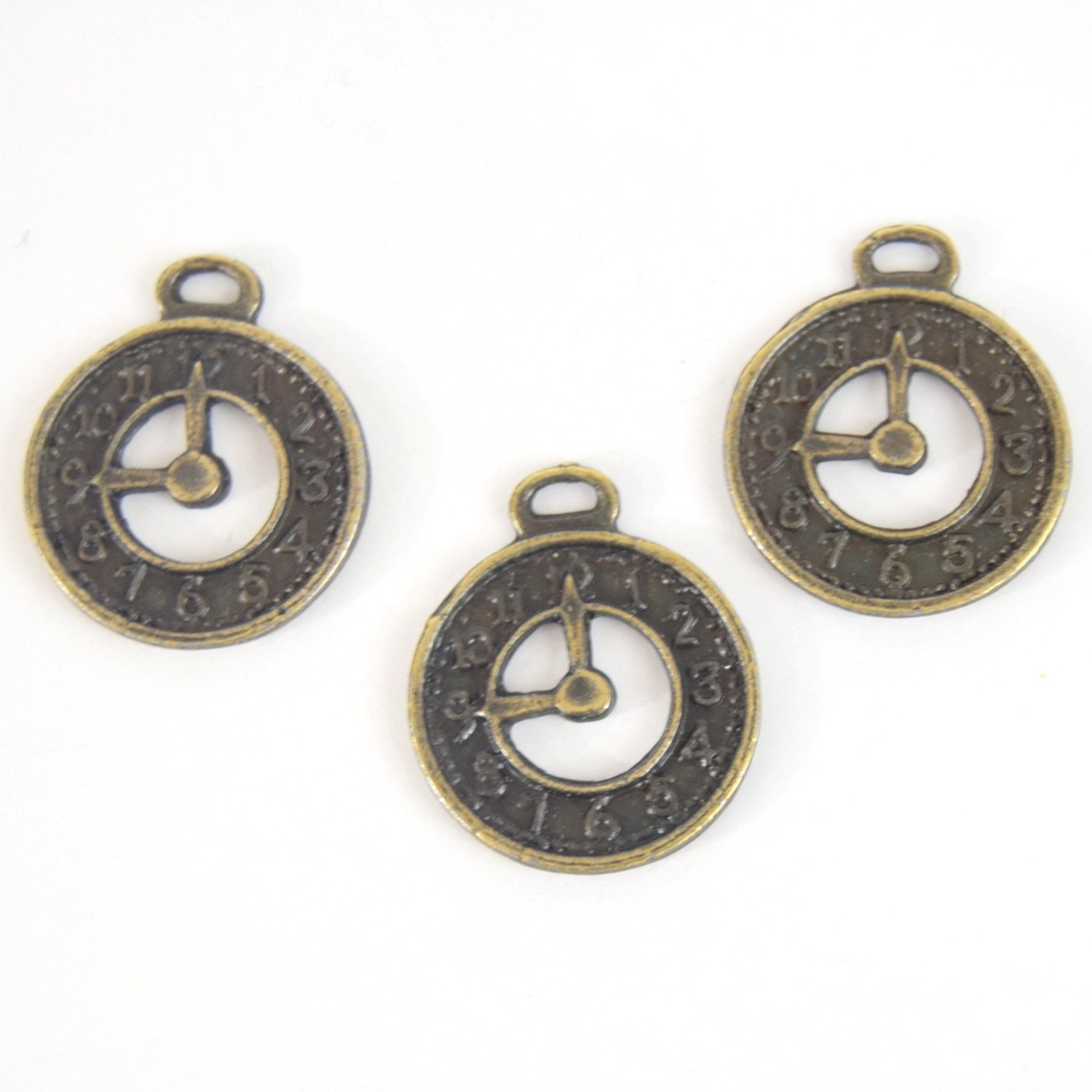 Antique Brass Plated Copper Clock Pendant with One Ring- Measuring 20mm x 20mm - Sold Individually, Chosen at Random
