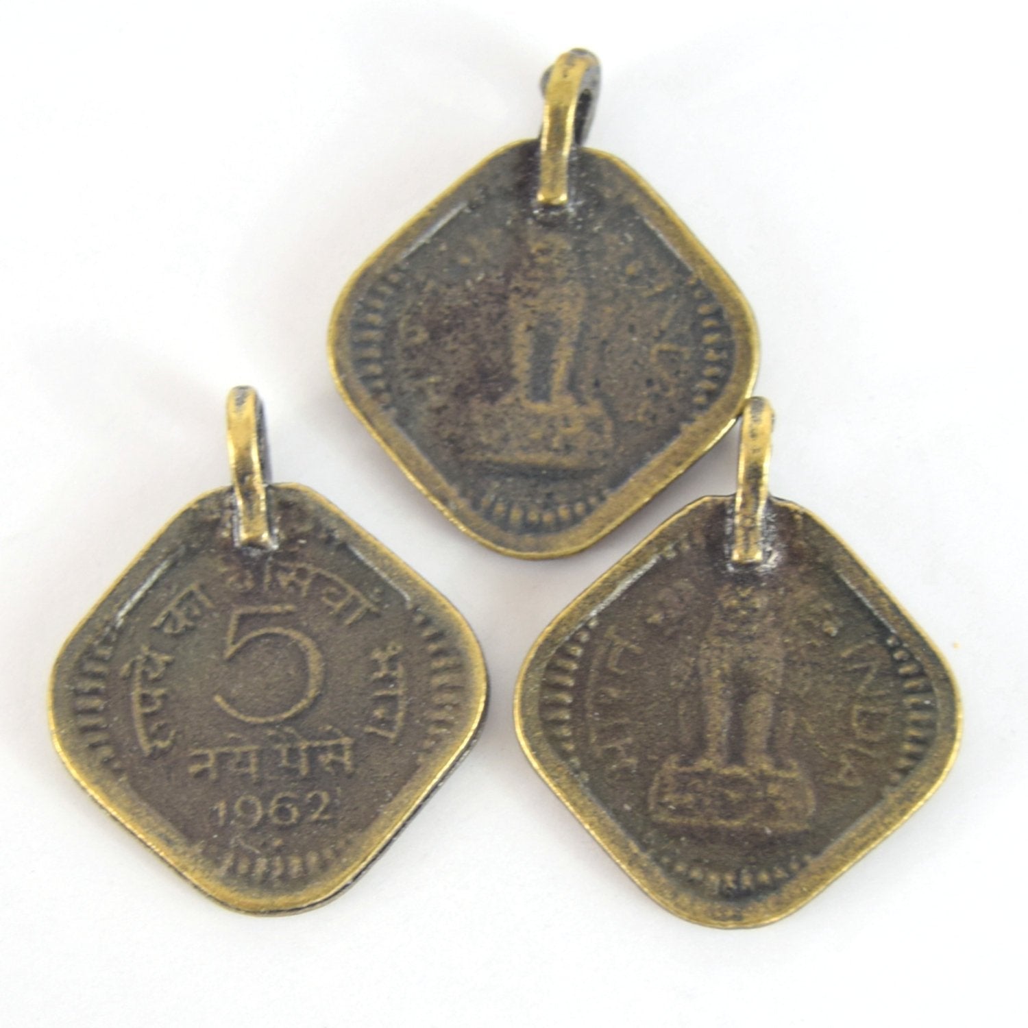 Antique Brass Plated Copper 5 Cent Indian Coin Charm/Pendant with One Ring- Measuring 21mm x 21mm - Sold Individually, Chosen at Random