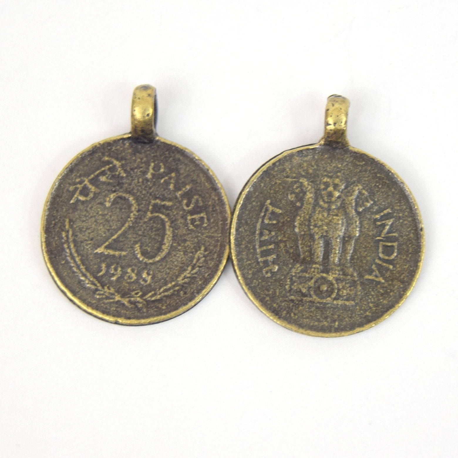 Antique Brass Plated Copper 25 Cent Indian Coin Charm/Pendant with One Ring- Measuring 18mm x 18mm - Sold Individually, Chosen at Random