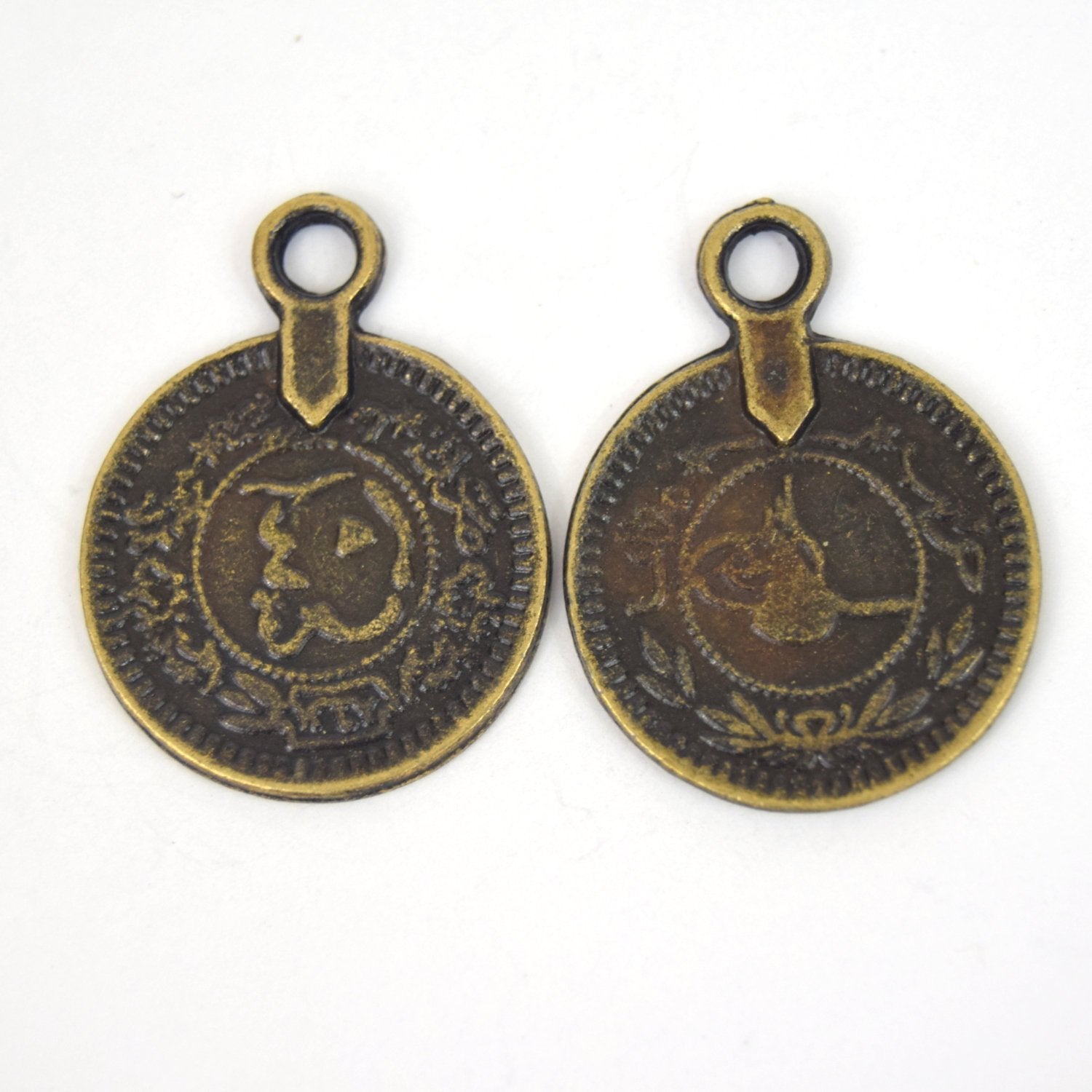 Antique Brass Plated Copper Arabic Coin Charm/Pendant with One Ring- Measuring 20mm x 20mm - Sold Individually, Chosen at Random