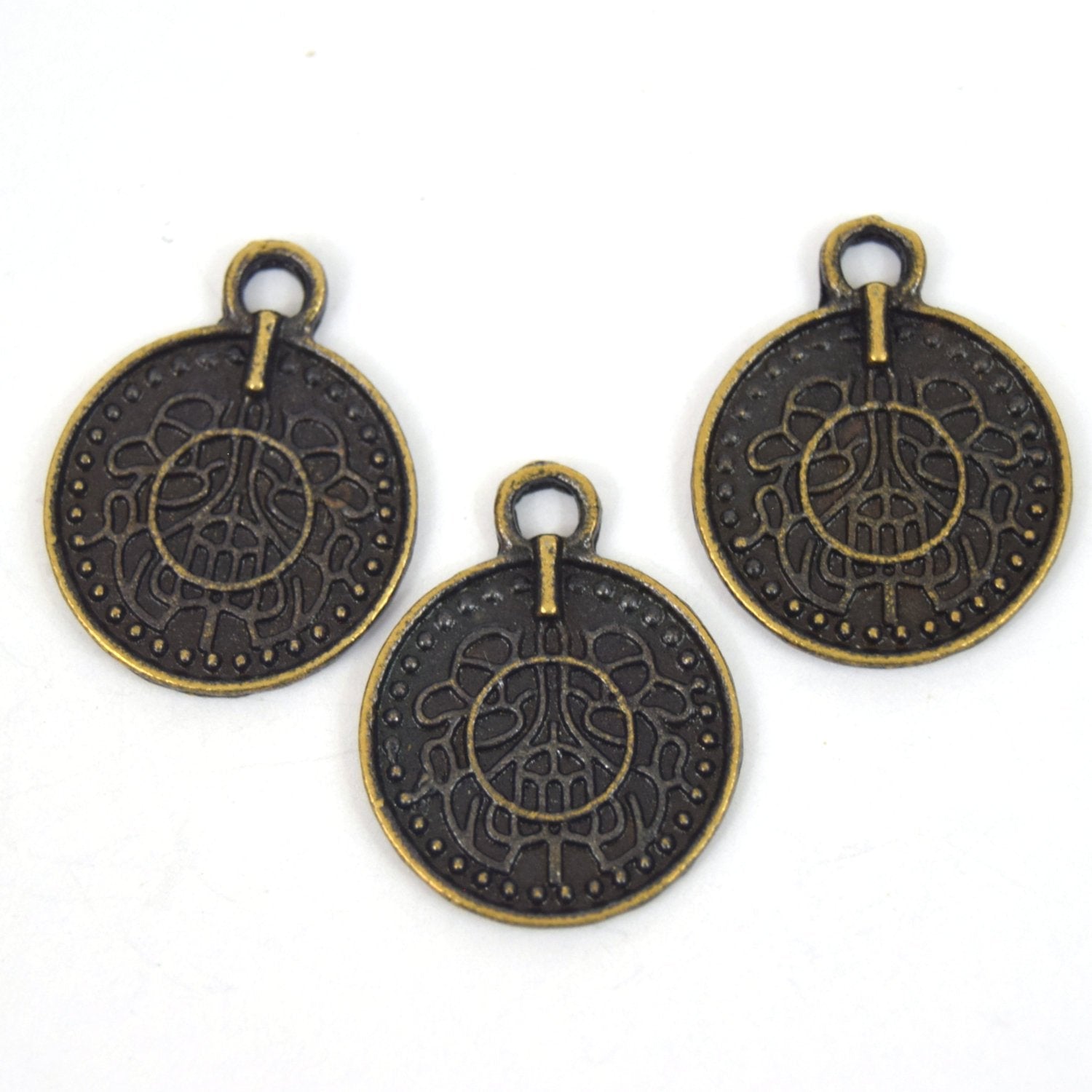 Antique Brass Plated Copper Embellished Coin Charm/Pendant with- Measuring 14mm x 14mm - Sold Individually, Chosen at Random