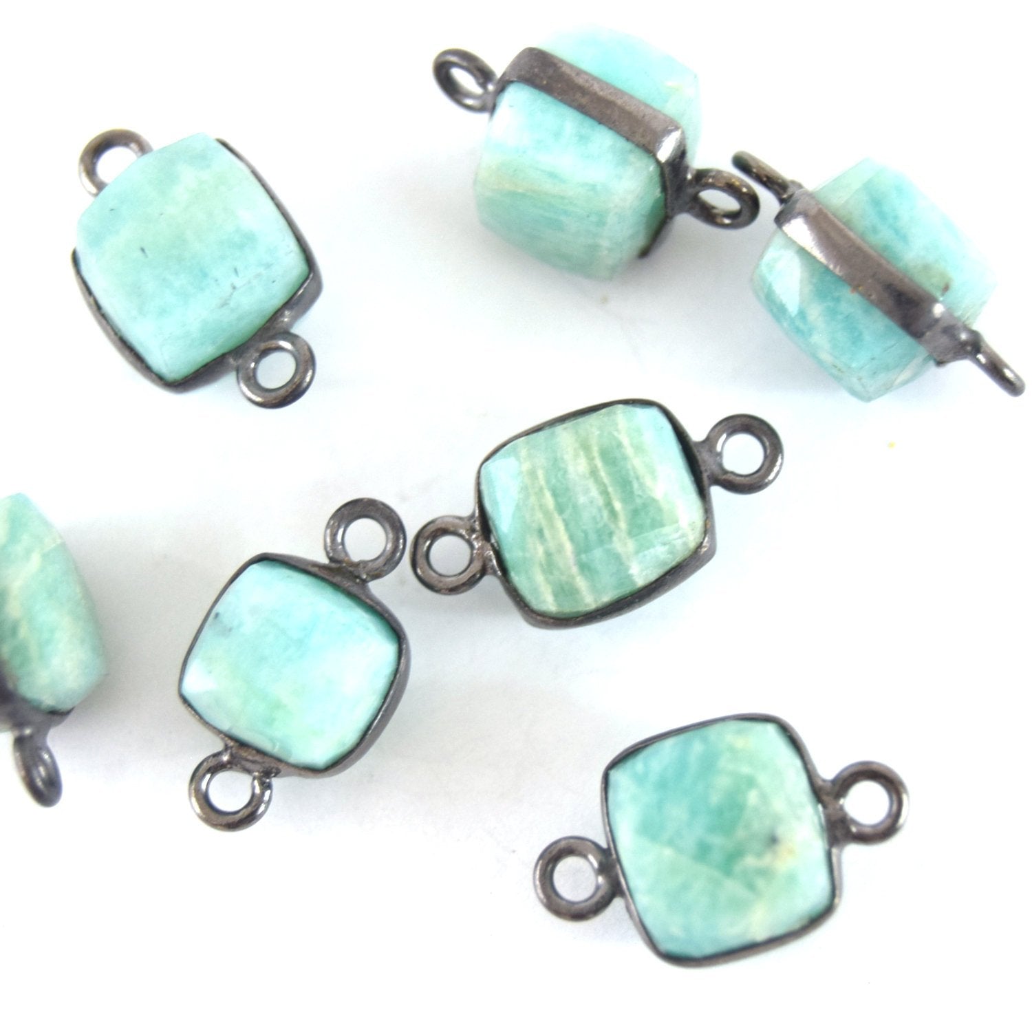 8mm Gunmetal Faceted Natural Minty Green/Blue Amazonite Cube/Square Shaped Plated Copper Bezel Connector