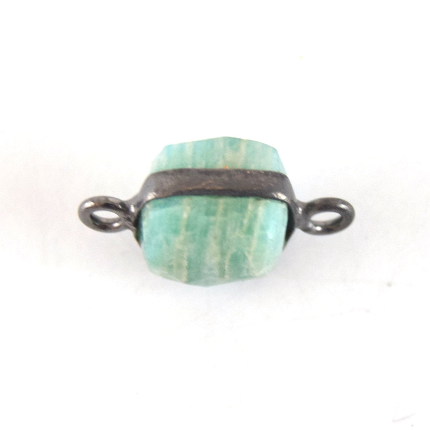 8mm Gunmetal Faceted Natural Minty Green/Blue Amazonite Cube/Square Shaped Plated Copper Bezel Connector