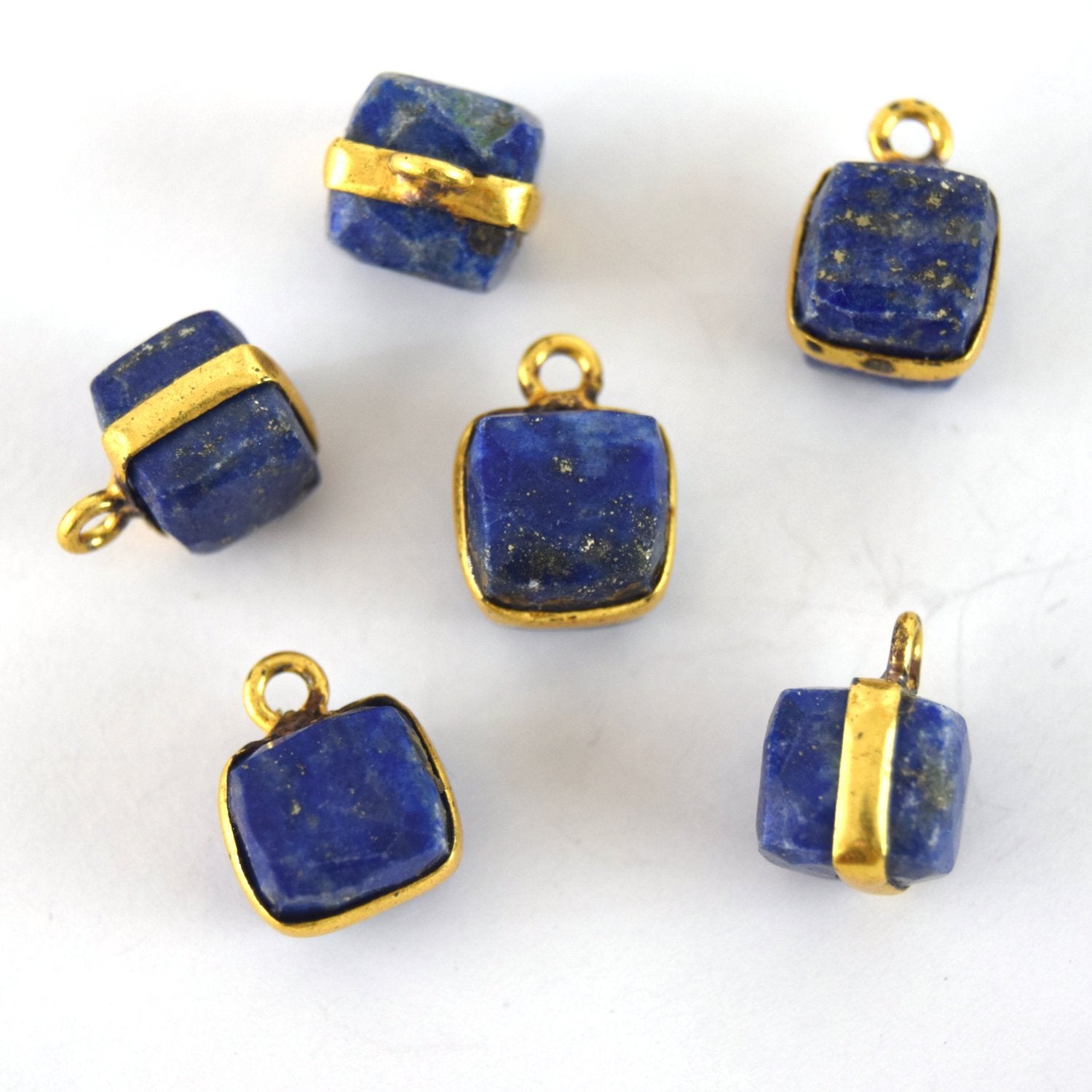 7-8mm Gold Finish Cube Shaped Lapis Lazuli Bezel Pendant/Drop Component