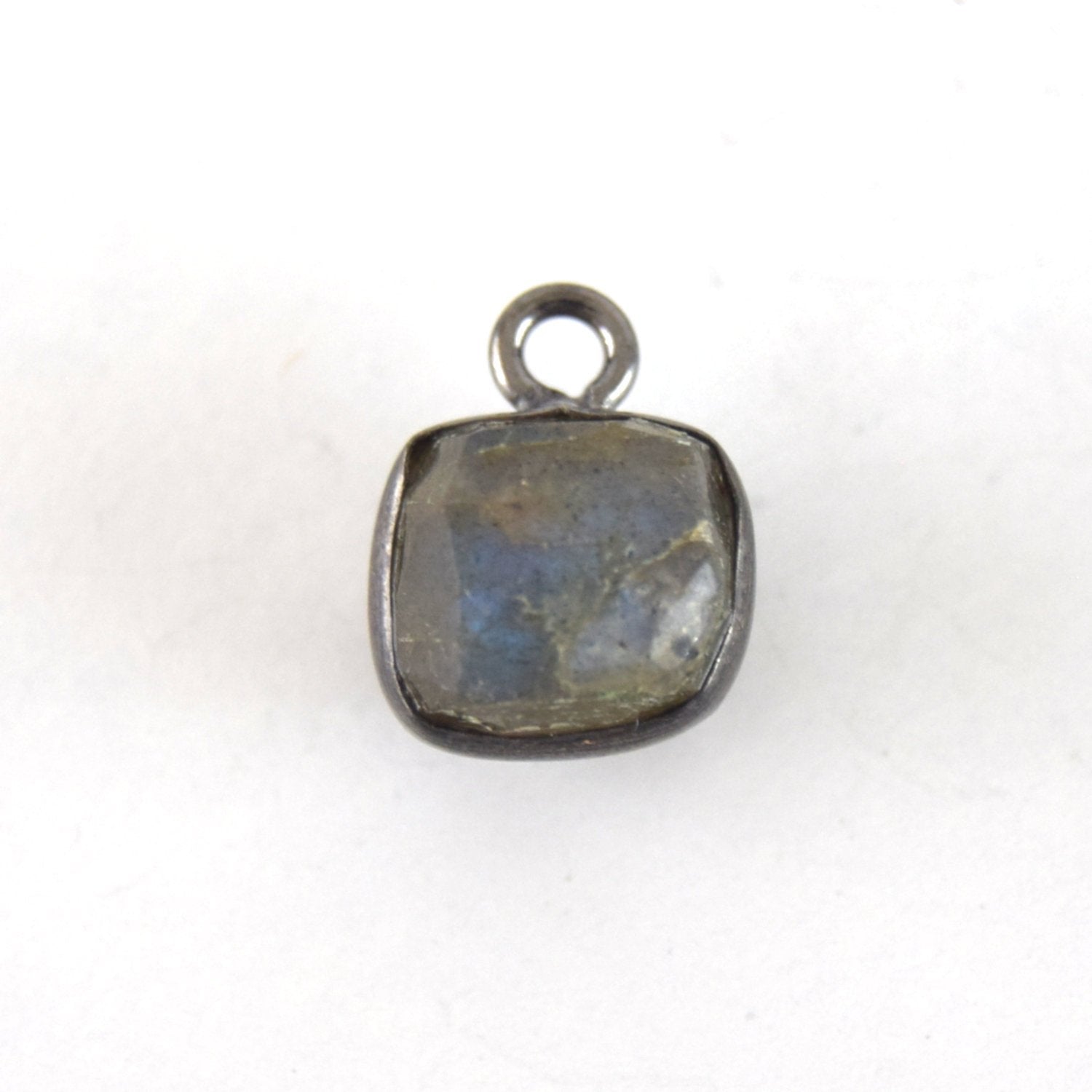 8mm Gunmetal Faceted Natural Iridescent Labradorite Cube/Square Shaped Plated Copper Bezel Charm