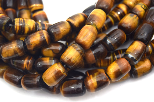 14mm Natural Smooth Tiger Eye Brown Round Tube Shaped Beads - (Approx. 14" ~28 Beads)
