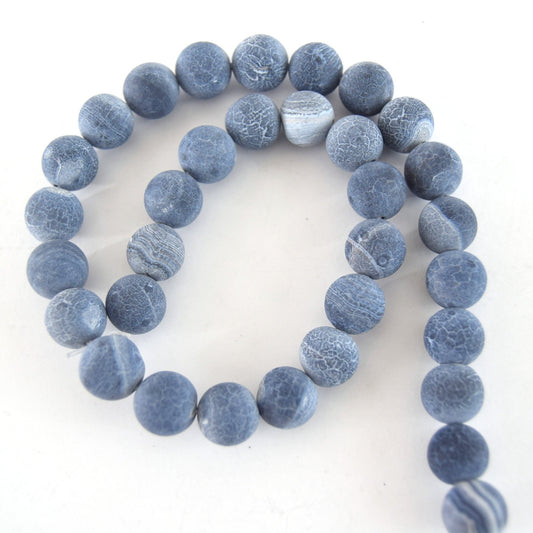 12mm Matte Finish Smooth Round Mixed Steel Blue/White Agate Beads - Natural Semi-Precious Gemstone
