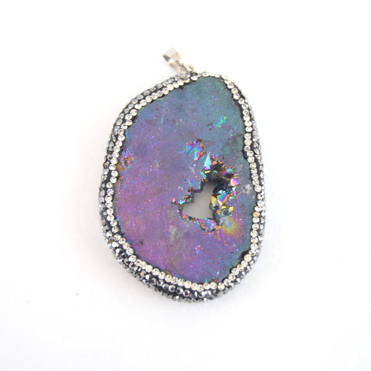 40mm x50mm approx. Pave Rhinestone Encrusted Rainbow Druzy Slab Pendant