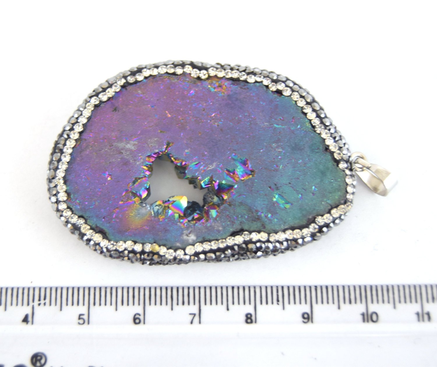 40mm x50mm approx. Pave Rhinestone Encrusted Rainbow Druzy Slab Pendant