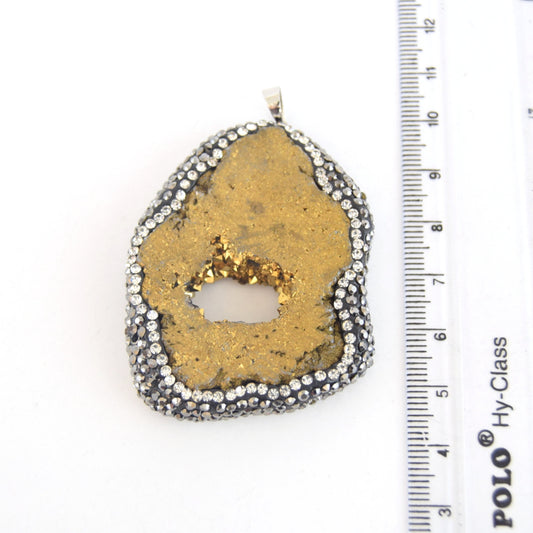 40mm x50mm approx. Pave Rhinestone Encrusted Gold Druzy Slab Pendant
