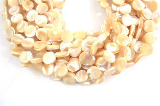10mm Smooth Pearly White/Cream Abalone Mother of Pearl Coin Shaped Beads - (Approx. 16" ~42 Beads)