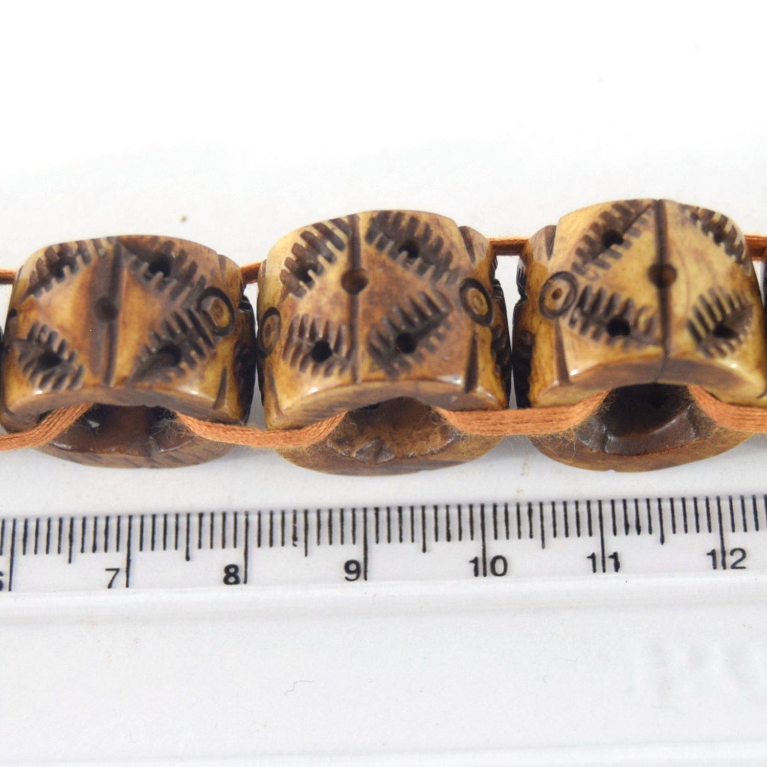 16mm x 18mm  Handcrafted Artistic Barrel Bone Beads - Medium Brown with Tribal Design