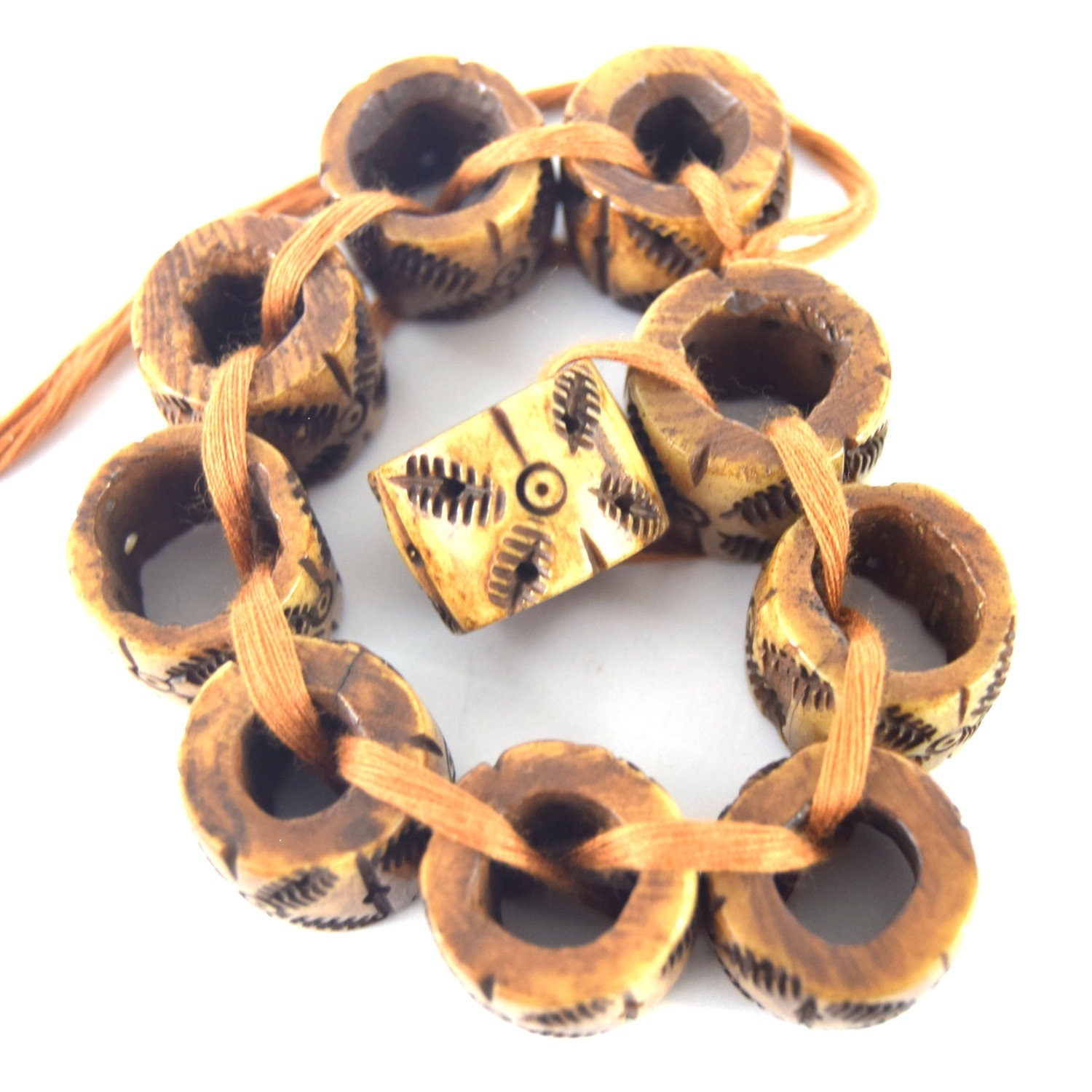16mm x 18mm  Handcrafted Artistic Barrel Bone Beads - Medium Brown with Tribal Design