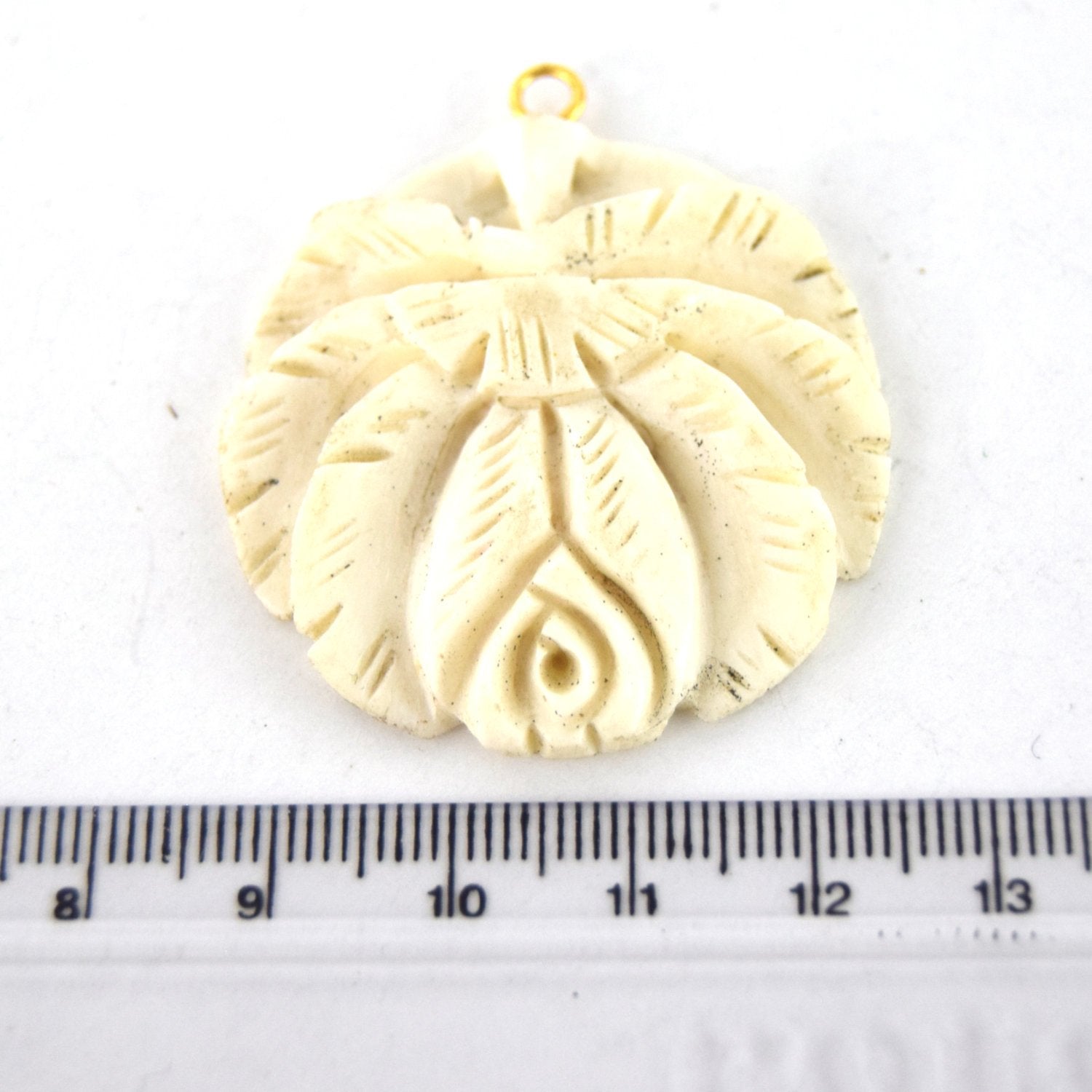 38mm x 40mm - White/Ivory - Hand Carved Rose - Round Shaped Natural Ox Bone Pendant