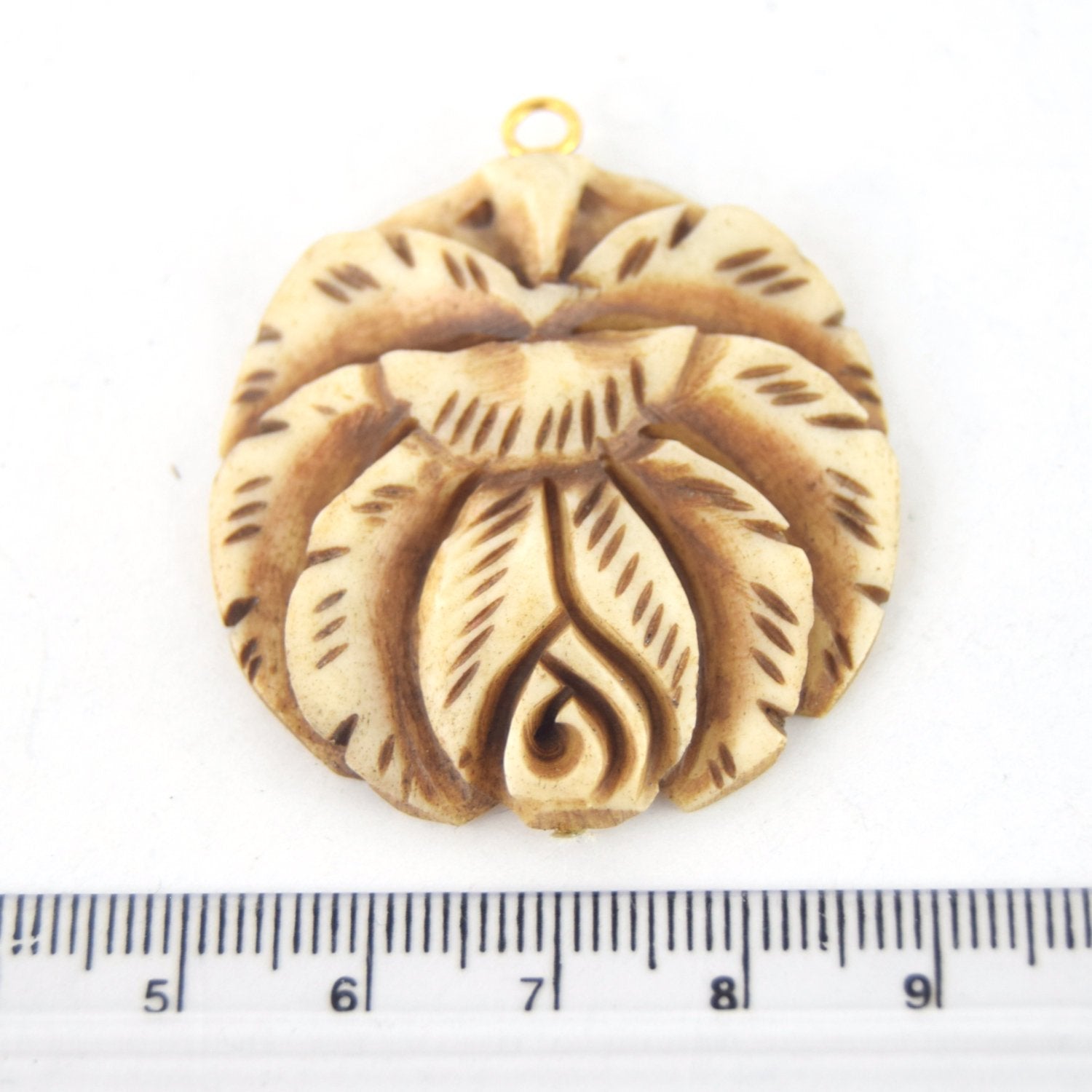 38mm x 40mm - Light Brown - Hand Carved Rose - Round Shaped Natural Ox Bone Pendant