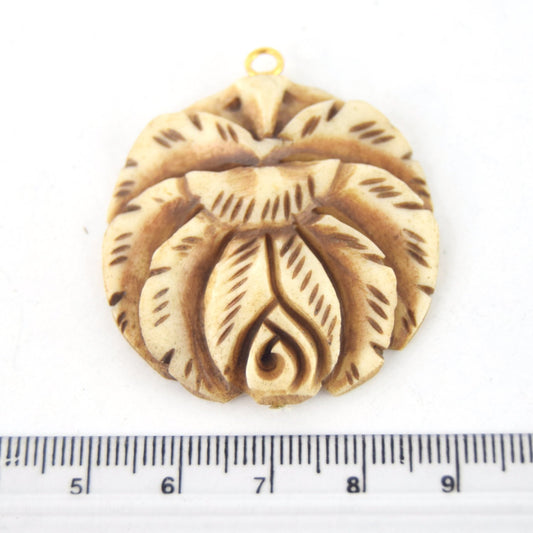 38mm x 40mm - Light Brown - Hand Carved Rose - Round Shaped Natural Ox Bone Pendant